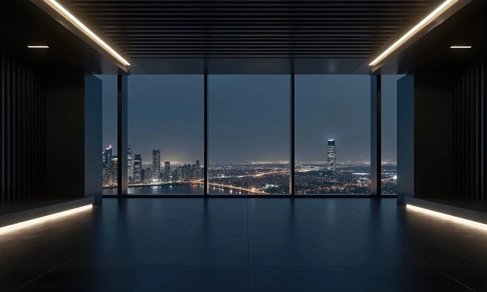 Leerer, moderner Raum mit Lichtleisten und Blick auf eine nächtliche Stadt