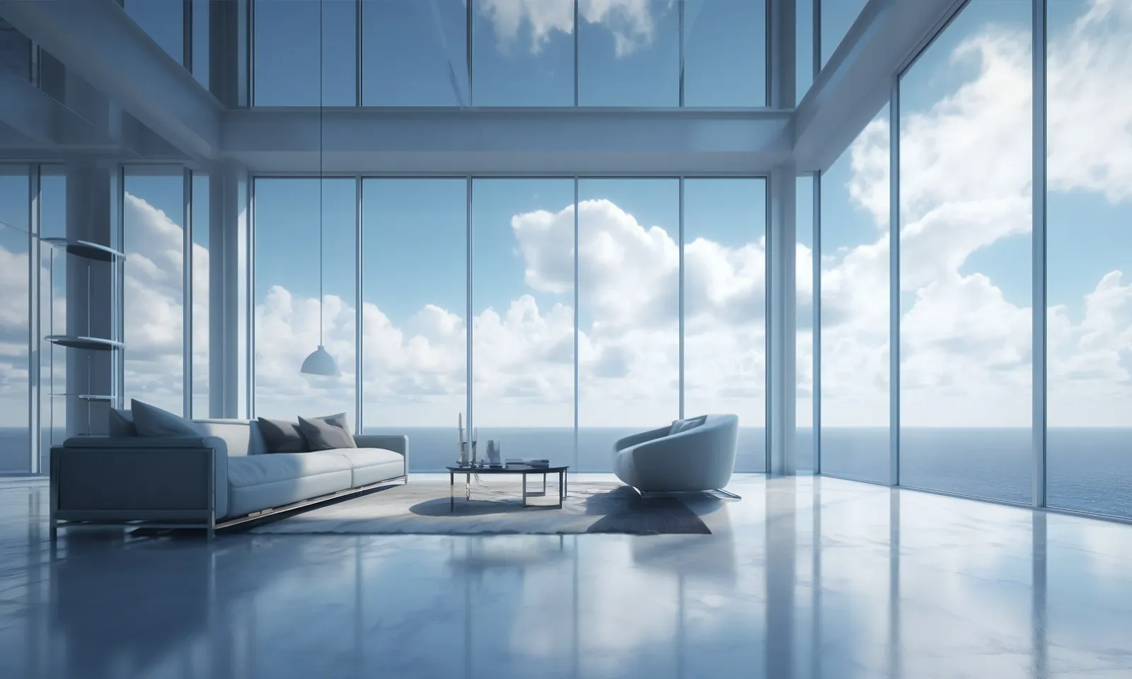 Heller Wohnraum mit raumhohen Glasfronten und Blick aufs Meer
